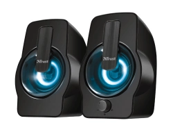 Capa do artigo Trust Gemi 2.0 speakers, 12W maximum power, LED lighting, volume control, and USB headphone connection, black color.