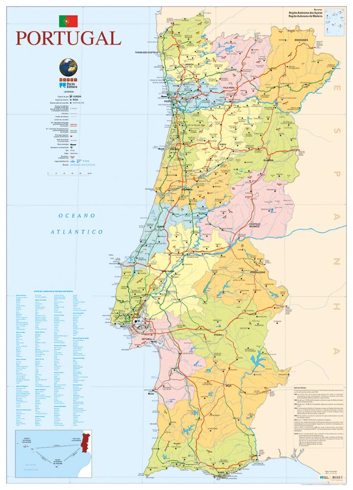 Mapa de Portugal - 2 Faces (80,5 x 111,5 cm) - Folha Plastificada