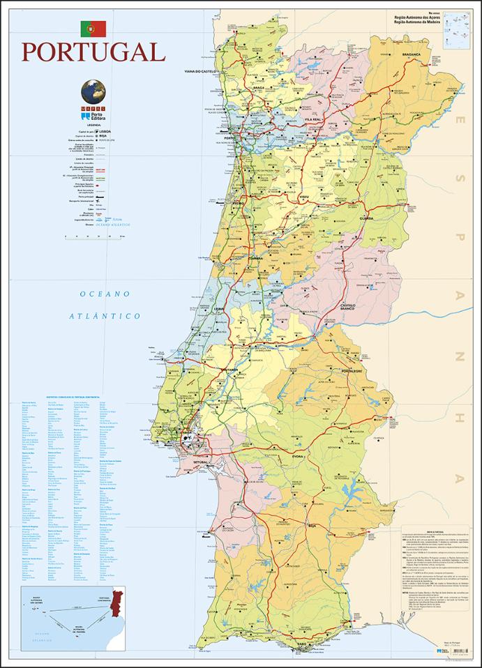 Mapa de Portugal - 2 Faces (80,5 x 111,5 cm) - Plastificado de Parede