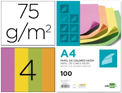 Capa do artigo Papel de Cor Liderpapel Din S4 75 gr Pack de 100 Quatro Cores Néon Sortidas